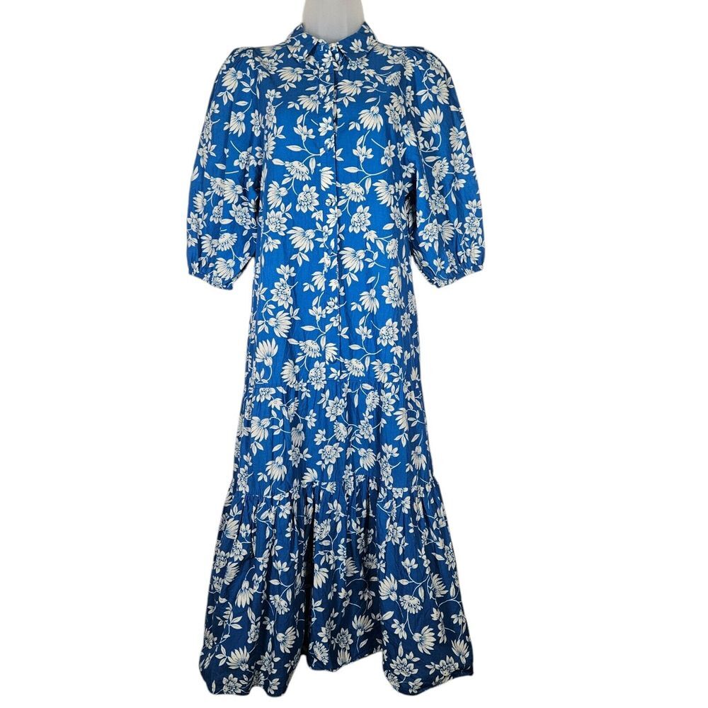 Zara Dress XS Blogger‎ Favorite Blue Floral Drop Waist Midi Button U Buff Sleeve